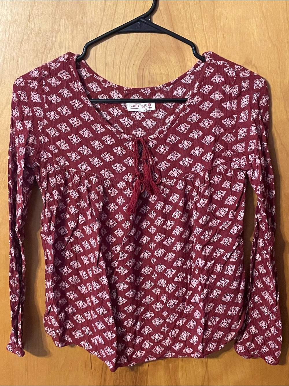Cape Juby Burgundy Printed Long-Sleeve Peasant Top
